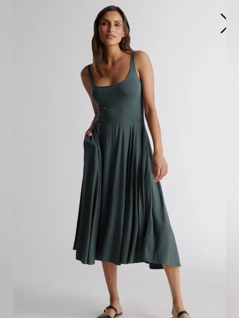 Quince Sleeveless Scoop Neck Jersey Midi Dress XS in Dark Olive